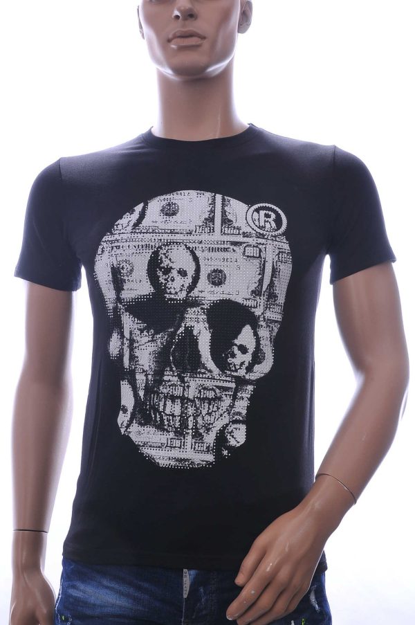 By Bugotti Trendy Ronde Hals Heren Skull T-Shirt met Zilveren Steentjes - Zwart