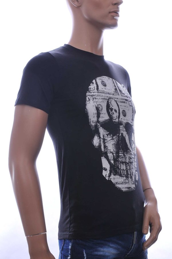 By Bugotti Trendy Ronde Hals Heren Skull T-Shirt met Zilveren Steentjes - Zwart