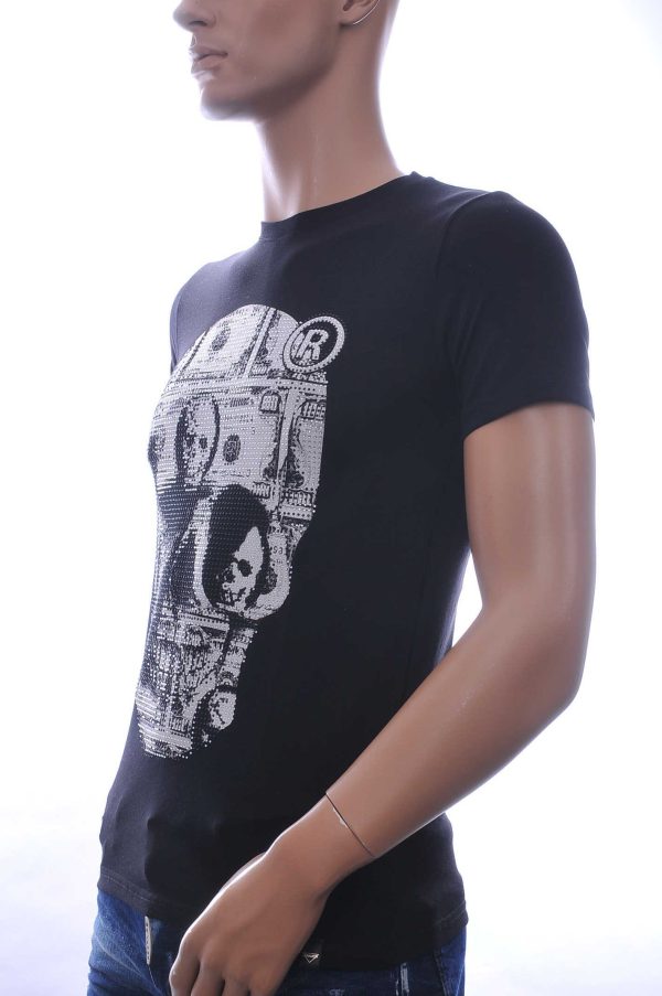 By Bugotti Trendy Ronde Hals Heren Skull T-Shirt met Zilveren Steentjes - Zwart