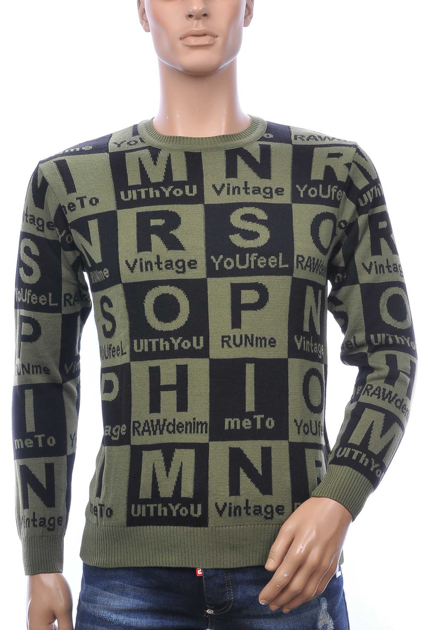 CI-BORG Trendy Slim Fit Ronde Hals Heren Trui met Allover Letters Dessin - Khaki