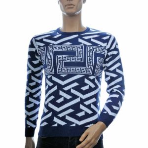 Club Ju heren trui, Heren trui navy, Dunne heren trui, Allover design heren trui, Ronde hals trui heren, Fijn gebreide heren trui, Trendy heren knitwear, Streetwear heren trui, Moderne heren sweater, Katoen acryl trui heren, online trui kopen, trui kopen in Nijmegen, Goedkoop heren trui kopen