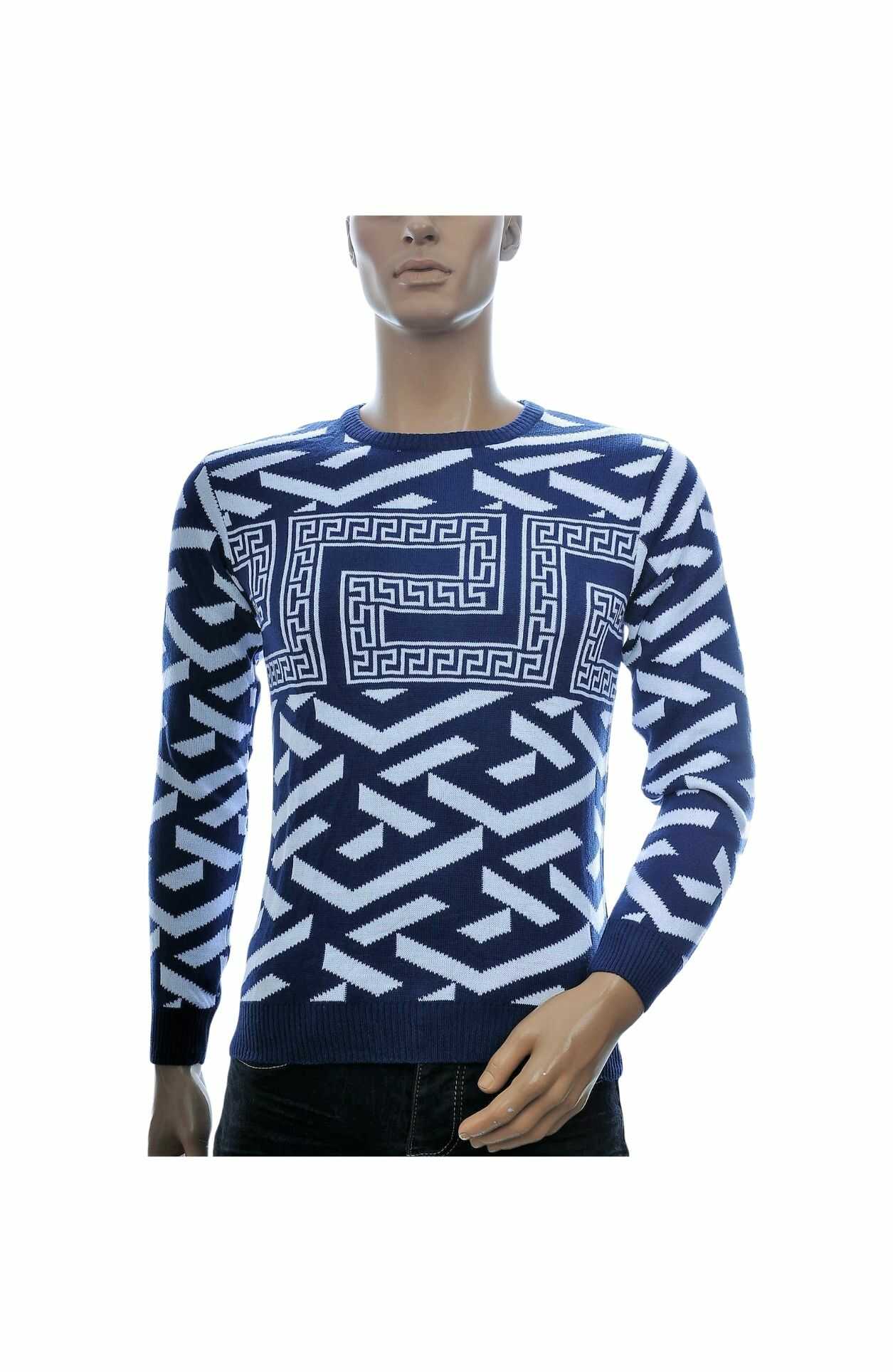 Club Ju heren trui, Heren trui navy, Dunne heren trui, Allover design heren trui, Ronde hals trui heren, Fijn gebreide heren trui, Trendy heren knitwear, Streetwear heren trui, Moderne heren sweater, Katoen acryl trui heren, online trui kopen, trui kopen in Nijmegen, Goedkoop heren trui kopen