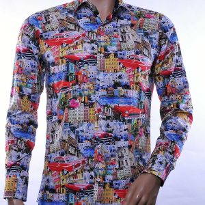 CORRINO Italiaans Slim Fit Heren Overhemd met Allover Huizen en Oldtimer Cadillac Print – Multi Kleur | Trendy herenoverhemd voor feest, casual en zakelijk