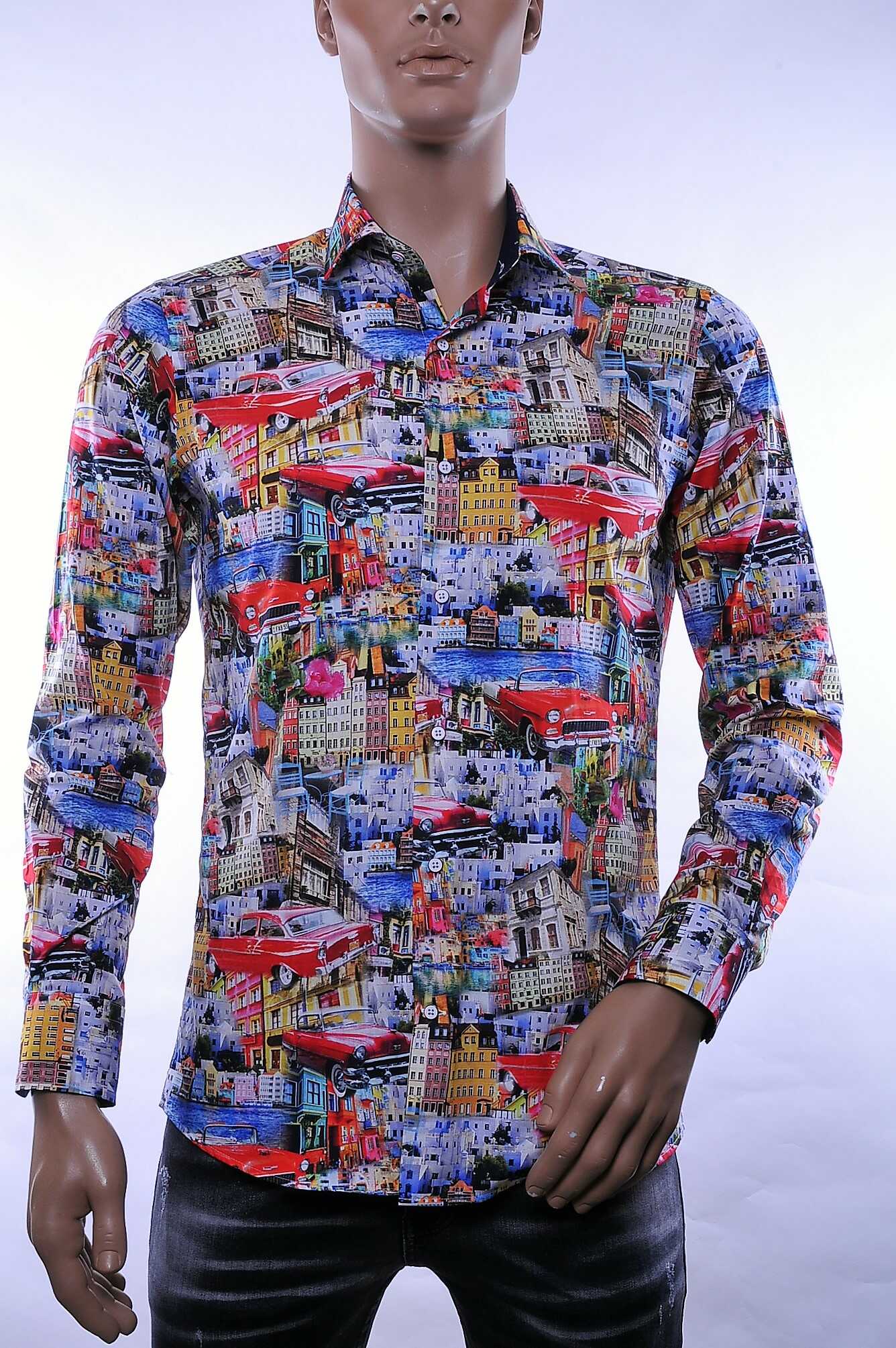 CORRINO Italiaans Slim Fit Heren Overhemd met Allover Huizen en Oldtimer Cadillac Print – Multi Kleur | Trendy herenoverhemd voor feest, casual en zakelijk