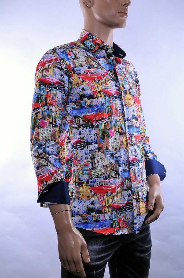 CORRINO Italiaans Slim Fit Heren Overhemd met Allover Huizen en Oldtimer Cadillac Print – Multi Kleur | Trendy herenoverhemd voor feest, casual en zakelijk