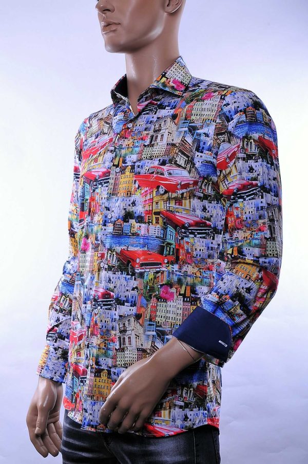 CORRINO Italiaans Slim Fit Heren Overhemd met Allover Huizen en Oldtimer Cadillac Print – Multi Kleur | Trendy herenoverhemd voor feest, casual en zakelijk