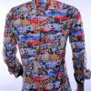 CORRINO Italiaans Slim Fit Heren Overhemd met Allover Huizen en Oldtimer Cadillac Print – Multi Kleur | Trendy herenoverhemd voor feest, casual en zakelijk