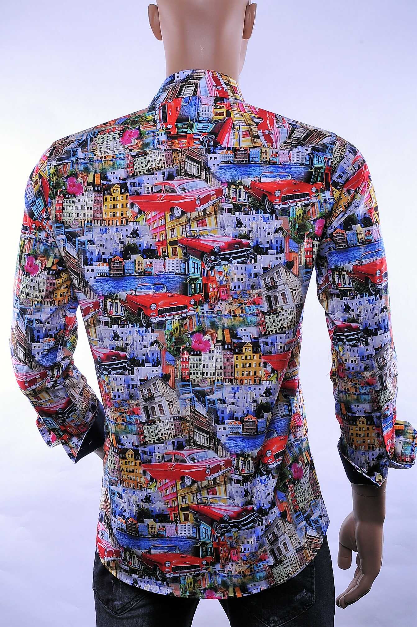 CORRINO Italiaans Slim Fit Heren Overhemd met Allover Huizen en Oldtimer Cadillac Print – Multi Kleur | Trendy herenoverhemd voor feest, casual en zakelijk