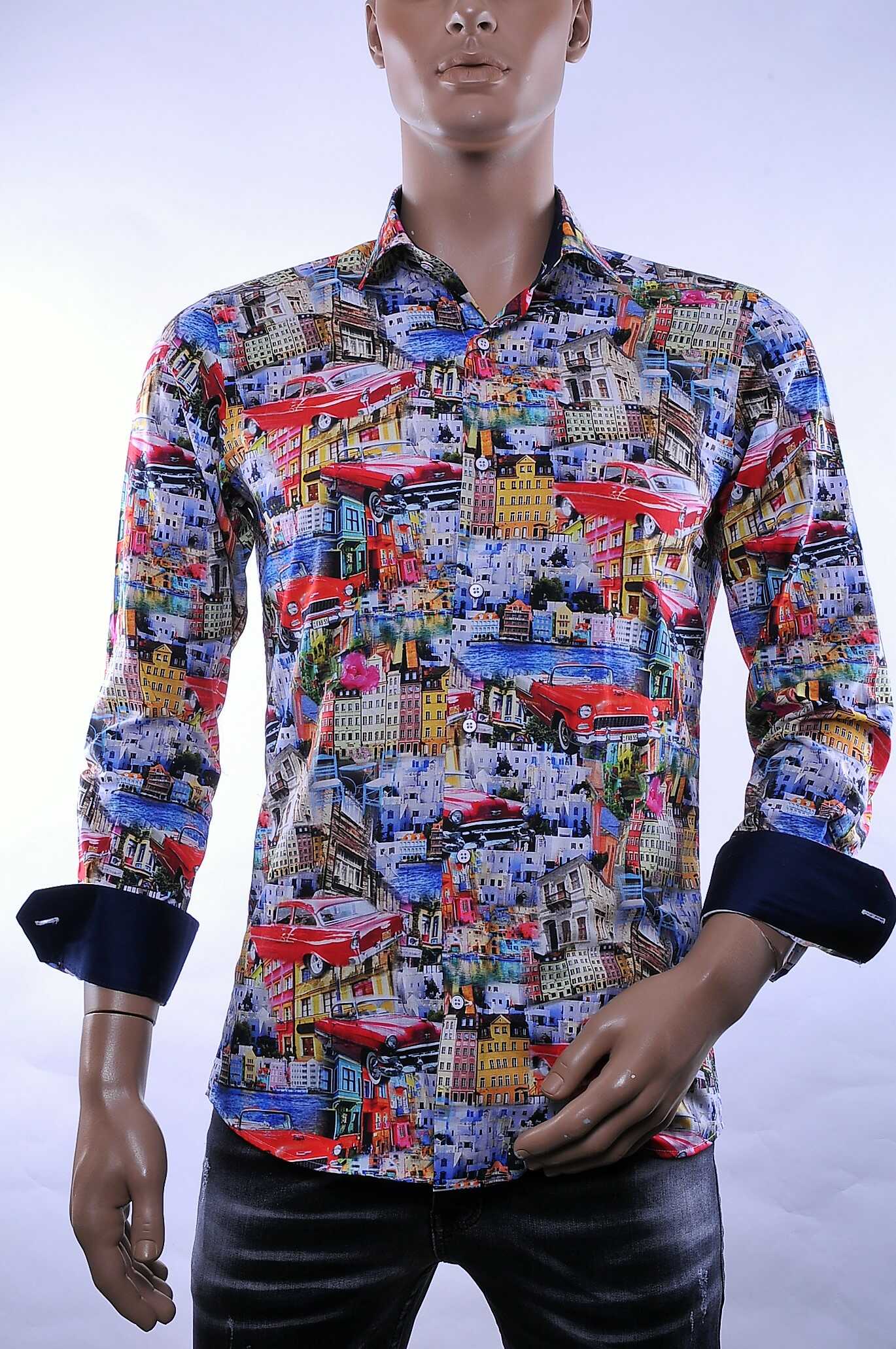 CORRINO Italiaans Slim Fit Heren Overhemd met Allover Huizen en Oldtimer Cadillac Print – Multi Kleur | Trendy herenoverhemd voor feest, casual en zakelijk