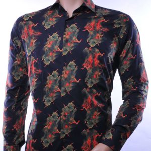 CORRINO Italiaans Slim Fit Heren Overhemd met Allover Vlammen Motieven – Zwart | Trendy, Elegant en Perfect voor Elke Gelegenheid