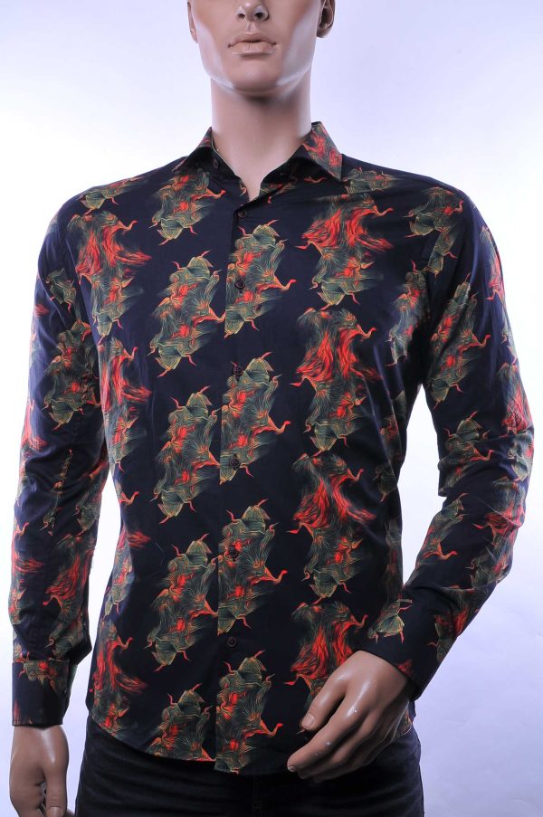 CORRINO Italiaans Slim Fit Heren Overhemd met Allover Vlammen Motieven – Zwart | Trendy, Elegant en Perfect voor Elke Gelegenheid