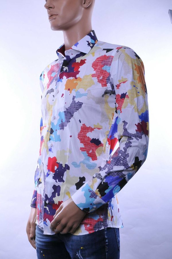Corrino Italiaanse getailleerd slim fit allover modern kunst dessin heren overhemd Wit