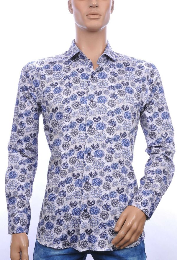 Corrino Italiaanse getailleerd slim fit allover bloemen dessin heren overhemd Navy