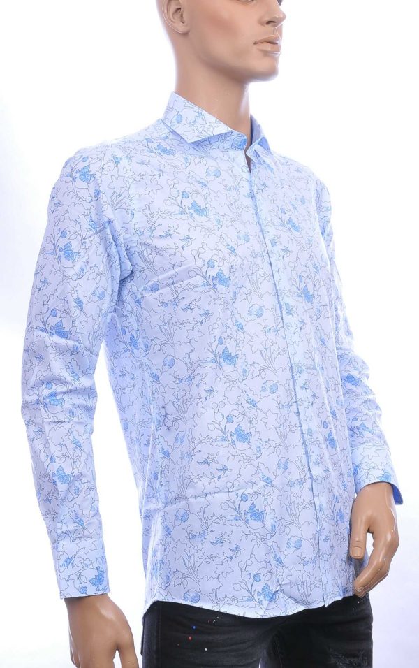 Corrino Italiaans getailleerd slim fit allover bloemen dessin heren overhemd Blauw