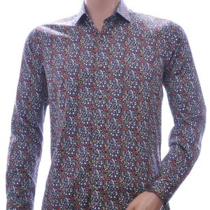 Corrino modern fit allover bloemen dessin heren overhemd Zwart