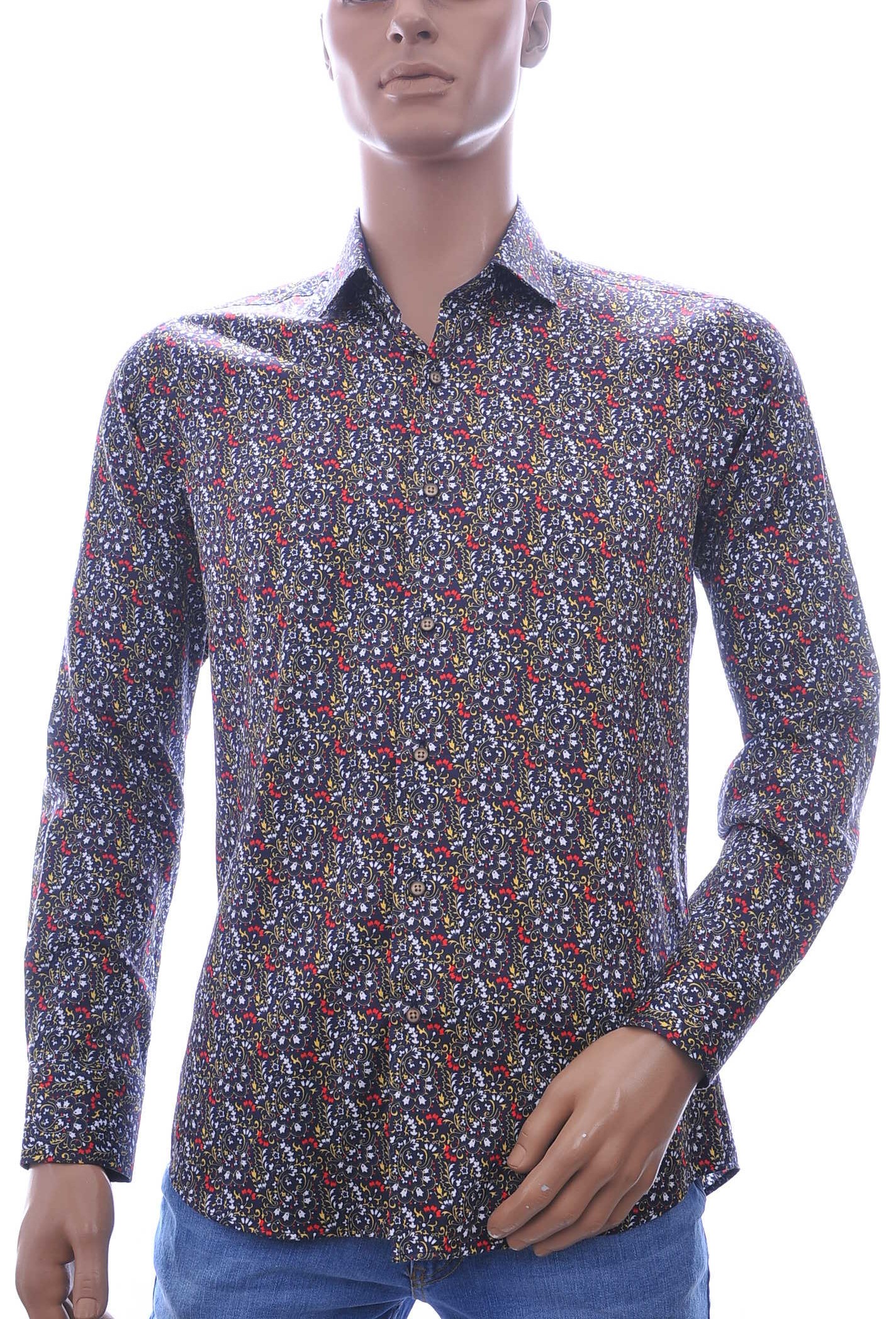 Corrino modern fit allover bloemen dessin heren overhemd Zwart