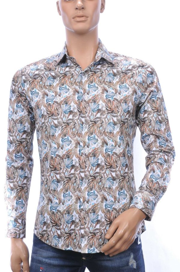 FERLUCCI A Fish Named Fred Wolff Blitz Louis Vuitton GUCCI VERSACE KENZO Dsquared2 Levi's CHASIN G-STAR DOLCE & GABBANA DIESEL PME LEGEND WAM DENIM LACOSTE Parajumpers Stone Island slim fit all over bladeren dessin heren overhemd Beige
