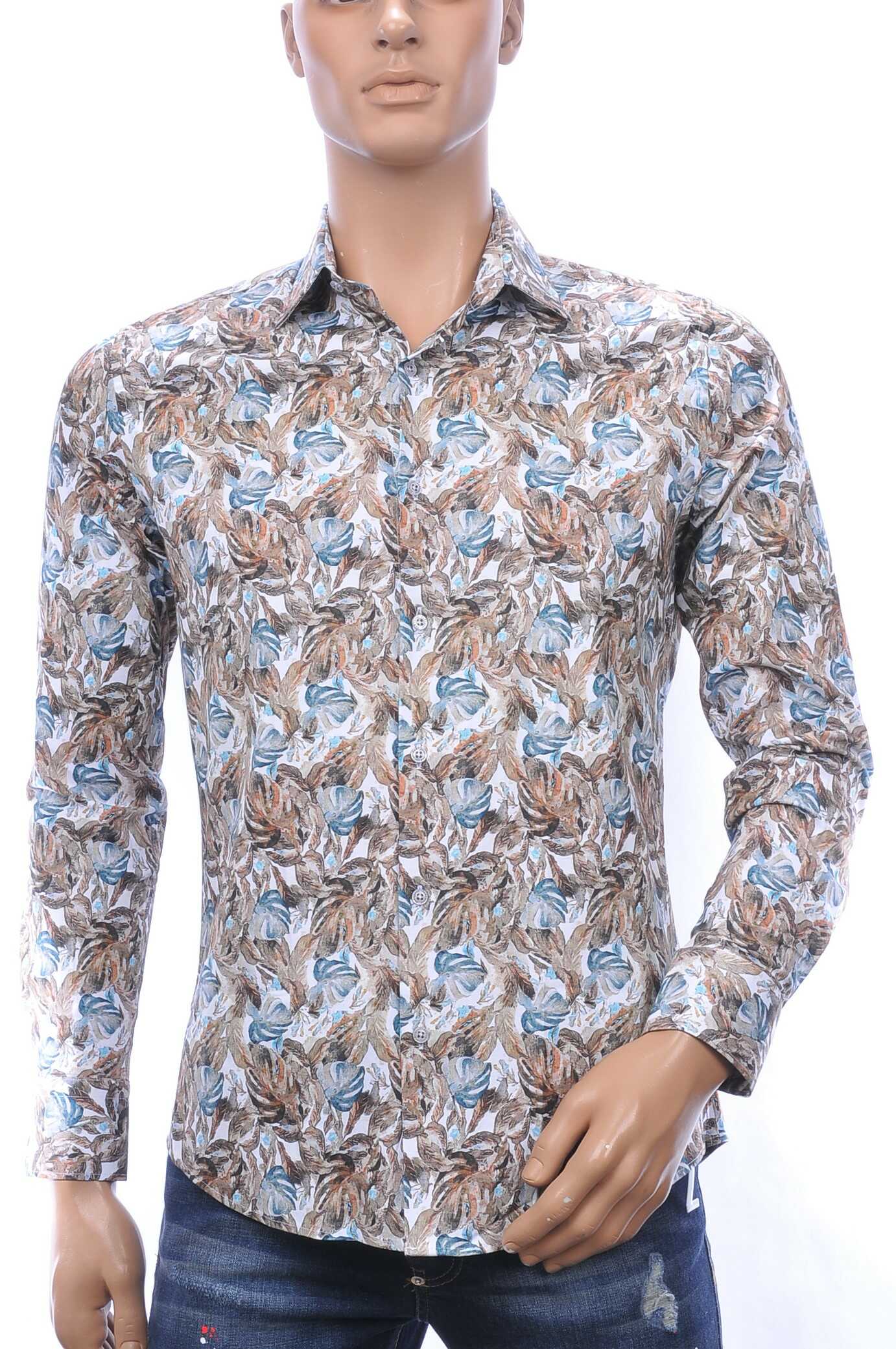 FERLUCCI slim fit all over bladeren dessin heren overhemd Beige