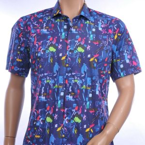 GABANO slim fit getailleerd allover dessin korte mouwen Italiaanse overhemd Navy