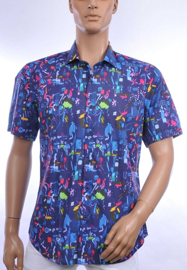 GABANO slim fit getailleerd allover dessin korte mouwen Italiaanse overhemd Navy