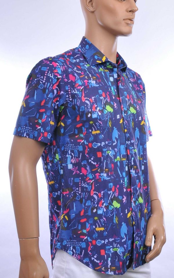 GABANO slim fit getailleerd allover dessin korte mouwen Italiaanse overhemd Navy