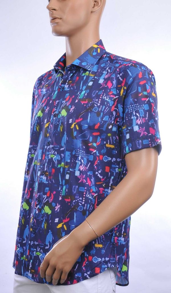 GABANO slim fit getailleerd allover dessin korte mouwen Italiaanse overhemd Navy