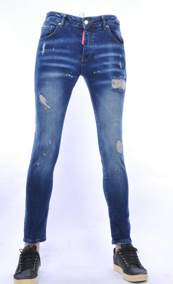 ICON2 A Fish Named Fred Wolff Blitz Louis Vuitton GUCCI VERSACE KENZO Dsquared2 Levi's CHASIN G-STAR DOLCE & GABBANA DIESEL PME LEGEND WAM DENIM LACOSTE hippie gescheurde slim fit heren jeans met verfvlekjes Blauw