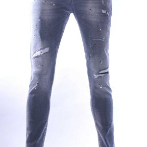 ICON2 hippie gescheurde slim fit stretch heren jeans met verfspatten Grijs