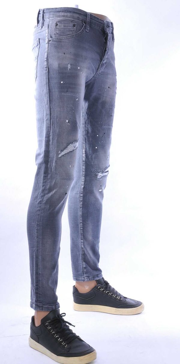 ICON2 hippie gescheurde slim fit stretch heren jeans met verfspatten Grijs