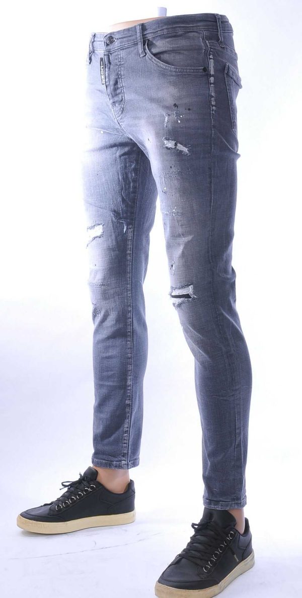ICON2 hippie gescheurde slim fit stretch heren jeans met verfspatten Grijs
