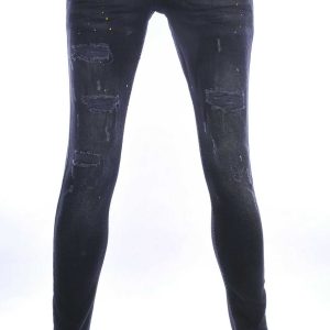 ICON2 hippie gescheurde slim fit stretch heren jeans met verfspatten Zwart