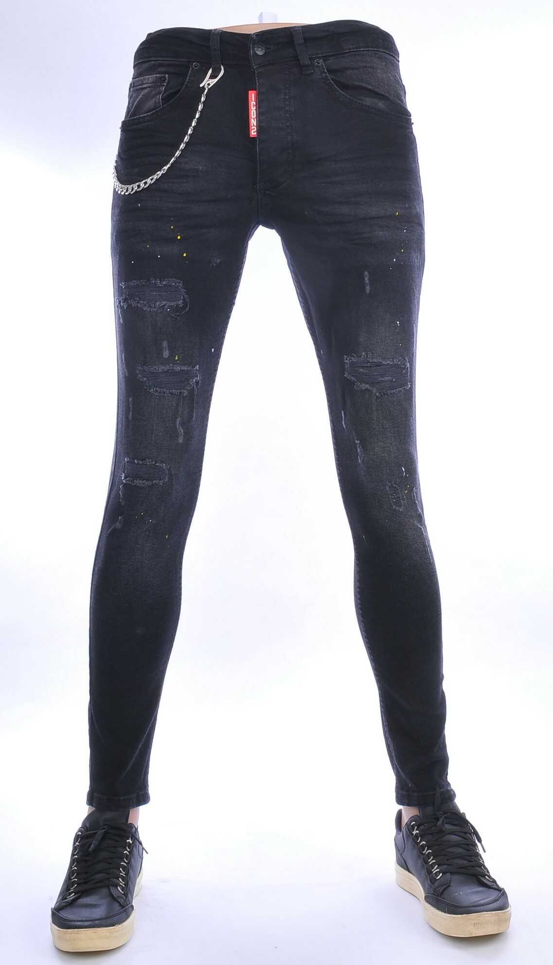ICON2 hippie gescheurde slim fit stretch heren jeans met verfspatten Zwart