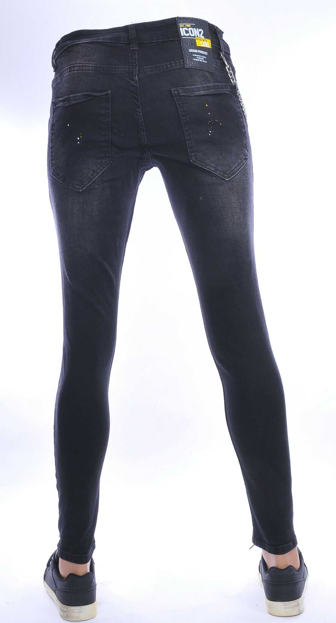 ICON2 hippie gescheurde slim fit stretch heren jeans met verfspatten Zwart