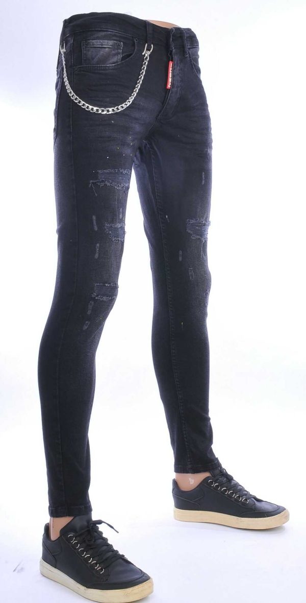 ICON2 hippie gescheurde slim fit stretch heren jeans met verfspatten Zwart