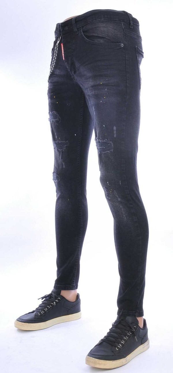 ICON2 hippie gescheurde slim fit stretch heren jeans met verfspatten Zwart