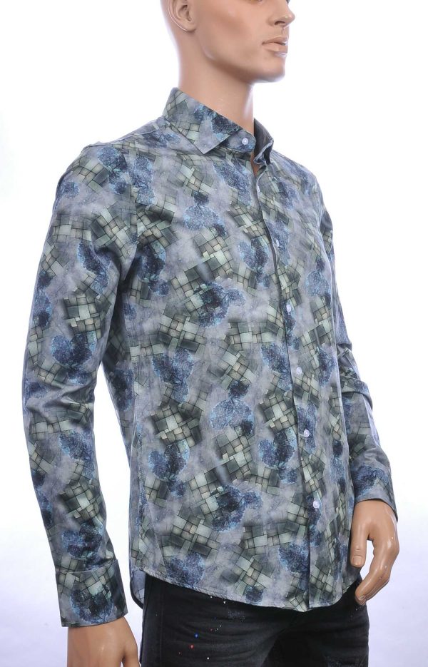 BERZO trendy slim fit allover bladeren arts dessin heren overhemd Khaki