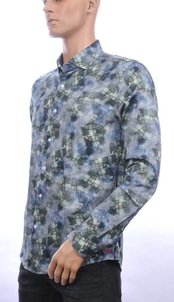 BERZO trendy slim fit allover bladeren arts dessin heren overhemd Khaki