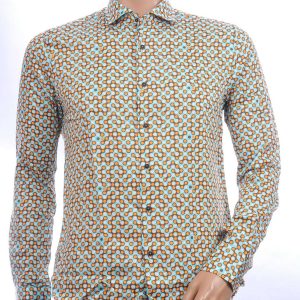 BERZO trendy slim fit allover dessin heren overhemd Oranje
