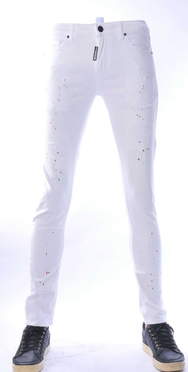 ICON hippie gescheurde slim fit stretch heren jeans met verfspatten Wit