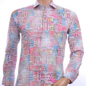 BERZO trendy allover huizen dessin modern fit heren overhemd Rood