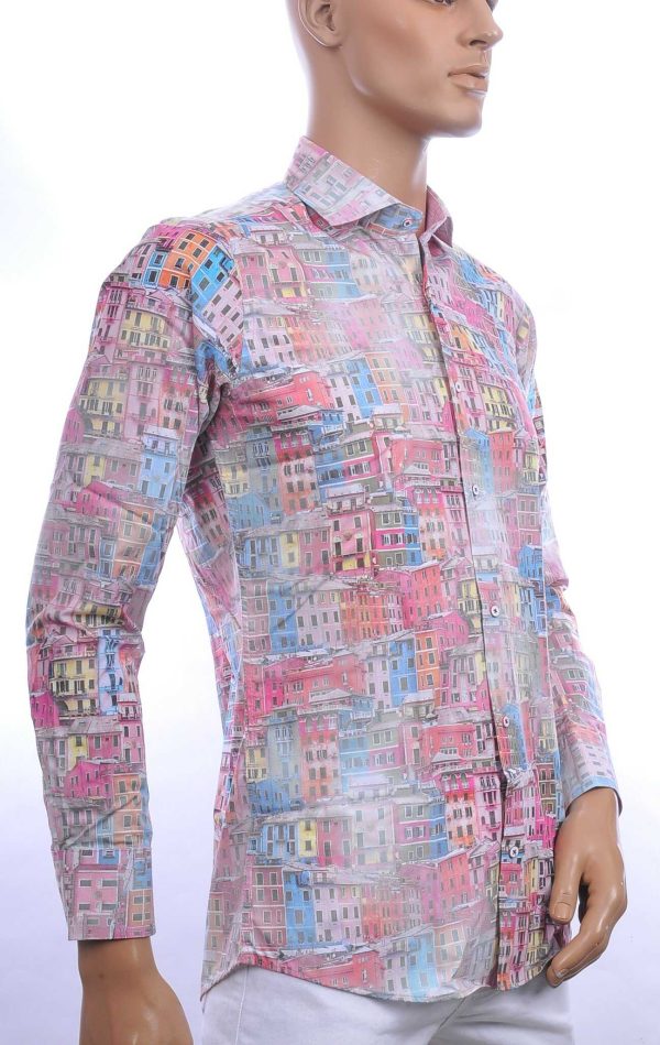 BERZO trendy allover huizen dessin modern fit heren overhemd Rood