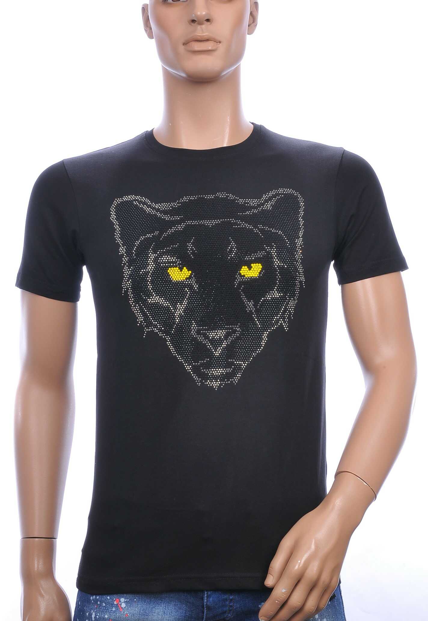 FRANCO RENZO ronde hals T-Shirt met tijgerkop print met steentjes Zwart