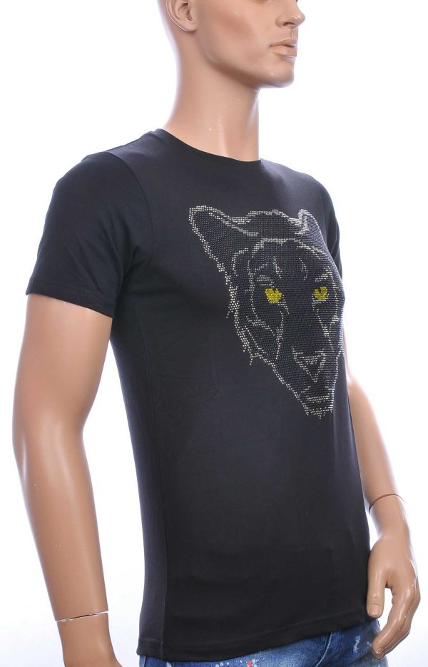FRANCO RENZO ronde hals T-Shirt met tijgerkop print met steentjes Zwart