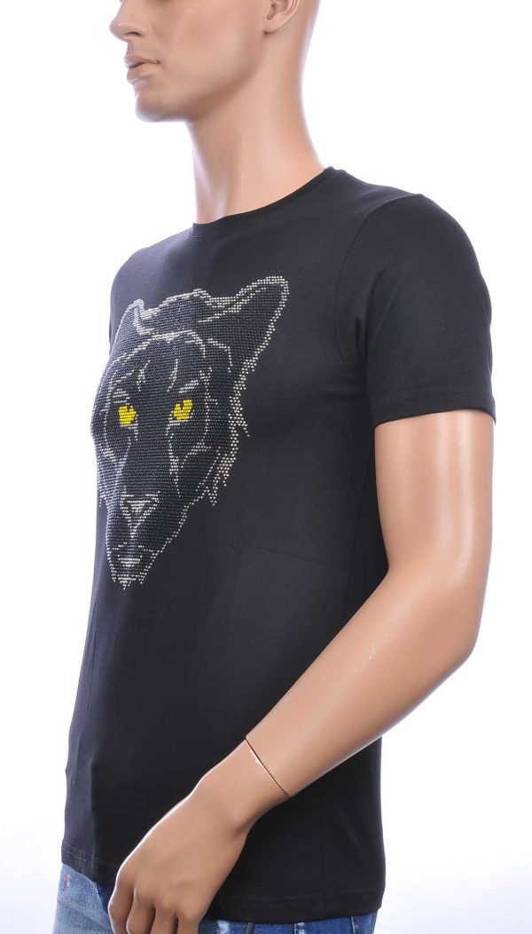 FRANCO RENZO ronde hals T-Shirt met tijgerkop print met steentjes Zwart