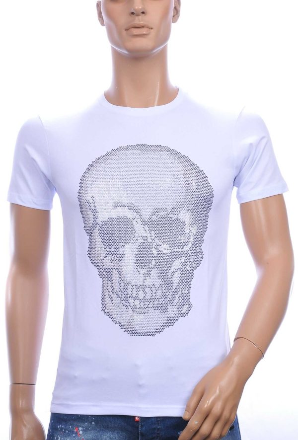 FRANCO RENZO ronde hals heren skull T-shirt met steentjes Wit