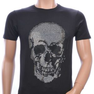 FRANCO RENZO ronde hals heren skull T-shirt met steentjes Zwart