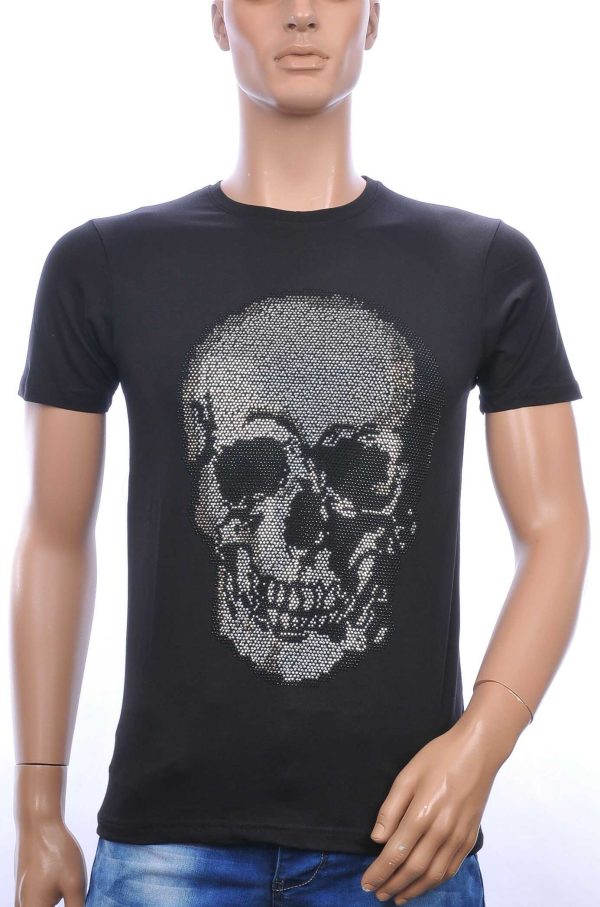 FRANCO RENZO ronde hals heren skull T-shirt met steentjes Zwart