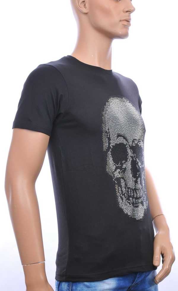 FRANCO RENZO ronde hals heren skull T-shirt met steentjes Zwart