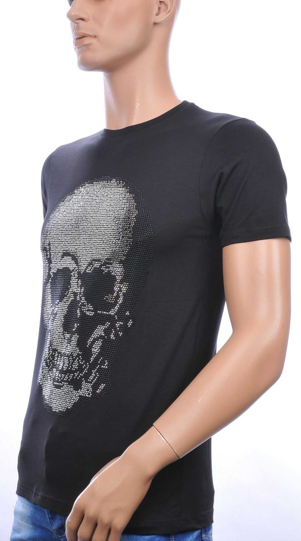 FRANCO RENZO ronde hals heren skull T-shirt met steentjes Zwart