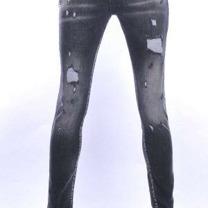 ICON2 hippie gescheurde slim fit heren jeans met verfvlekjes Zwart